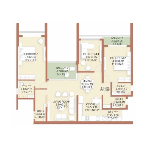 3 BHK Floor Plan at Rohan Ekam Balewadi Pune